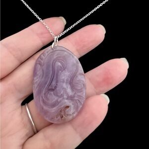 Large carved amethyst pendant silver wire matching necklace